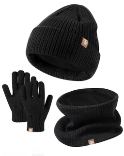 Unissex inverno quente malha futebol gorro chap&eacute;u cachecol luvas touchscreen 3 em 1 velo forrado conjunto para clima frio