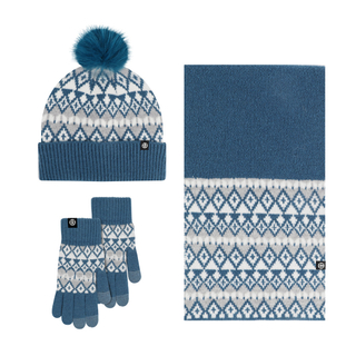 Conjunto de regalo de invierno personalizado al por mayor: gorro de f&uacute;tbol con pomp&oacute;n, bufanda Fair Isle y guantes para pantalla t&aacute;ctil